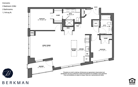 Floor plan for 2 beds, 2 baths, 1144 sqft